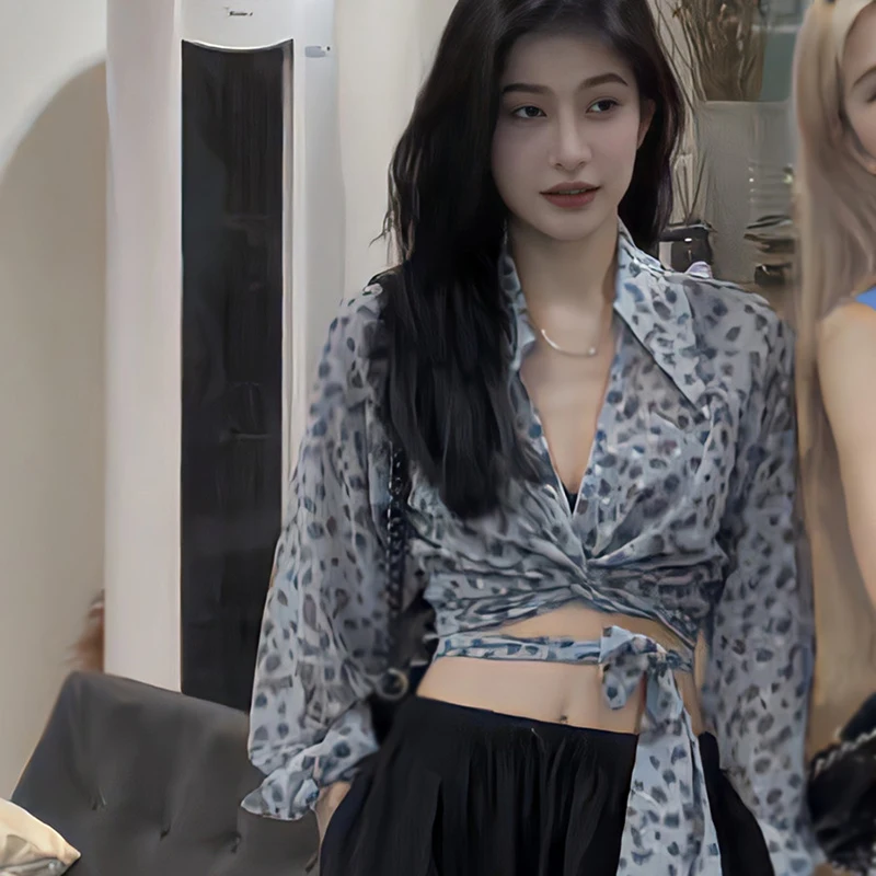 Женская Приталенная Блузка С Леопардовым Принтом И Длинным Рукавом V-образным