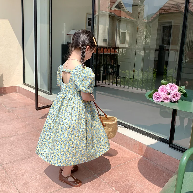 

Girls Floral Dress 2023 Summer New Fashionable Korean Styles Fresh Bubble Sleeve Backless Casual Simple Princess Sweet Dress