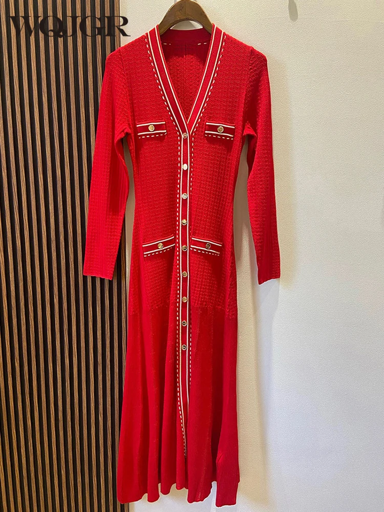 

WQJGR News Evening Dresses Women Casual Medium Strecth Red Full Sleeve Knitted Design Elegant Vestidos De Fiesta Spring Autumn