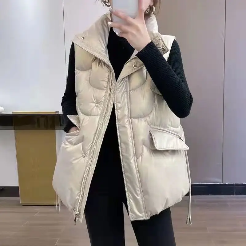 

Autumn Winter Cotton Padded Down Vest Women Stand-up Collar Waistcoat Casual Sleeveless Jacket Streetwear Loose Vest Women E541