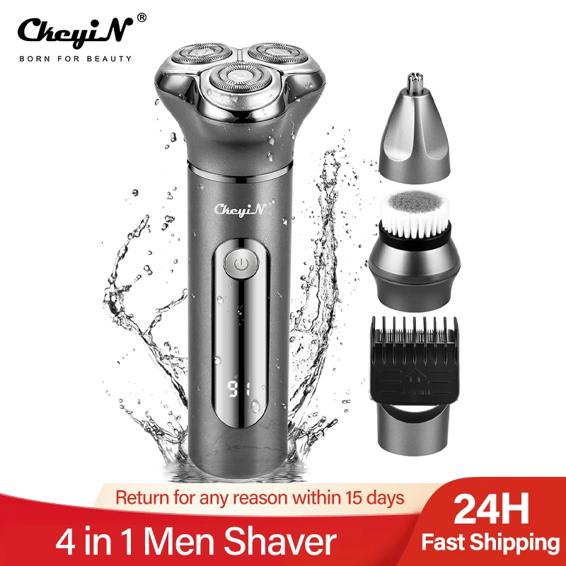 

CkeyiN 4 in 1 Electric Shaver Waterproof Razor Low Noise Nose Beard Trimmer Interchangeable Hair Clipper Facial Cleansing Brush