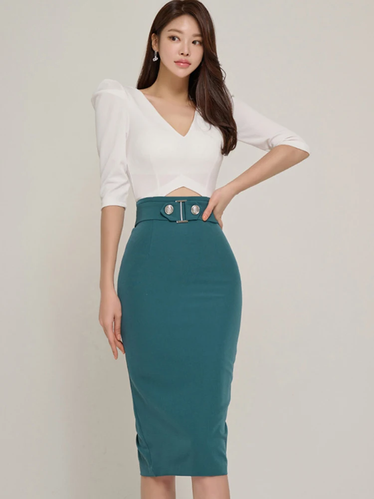 

New Korean Summer Sexy 2 Pieces Outfit Elegant Women Formal Short Cropped Tops Shirt Blouse High Waist Midi Skirt Mujer Slim Set