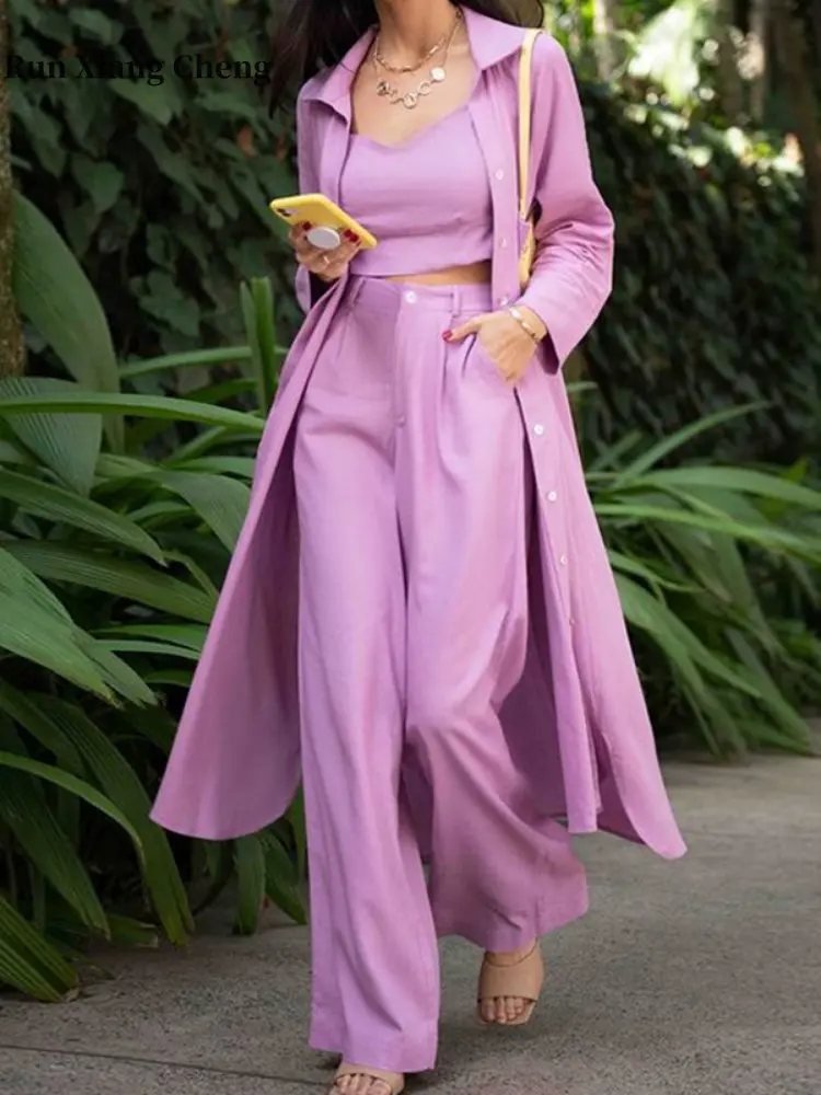 

Women's Tracksuit Summer 2023 New Casual 3 piece Pant Sets Inner lap Long Cardigan Trench Coat Wide Leg Pants Chic and Elegant