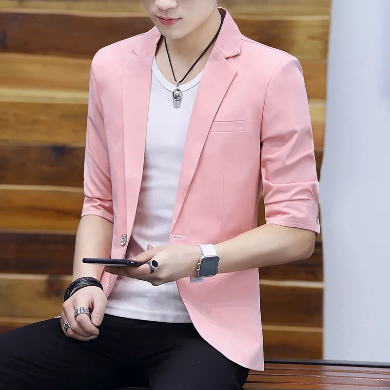 

Пиджак мужской летний, Тонкий Повседневный приталенный розовый пиджак с рукавом до локтя, красивый Молодежный однотонный Блейзер, мужская одежда