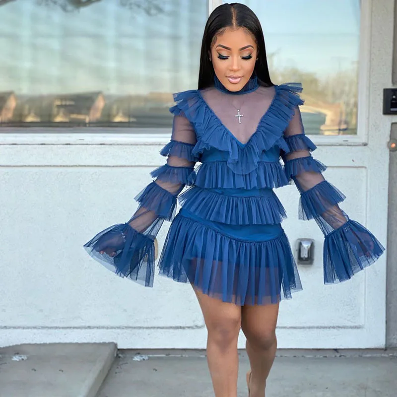 

Sexy Mesh Patchwork Cascading Ruffles Mini Dresses for Women 2022 Party Night Birthday Dress Chic A-line Summer Dress Club Wear