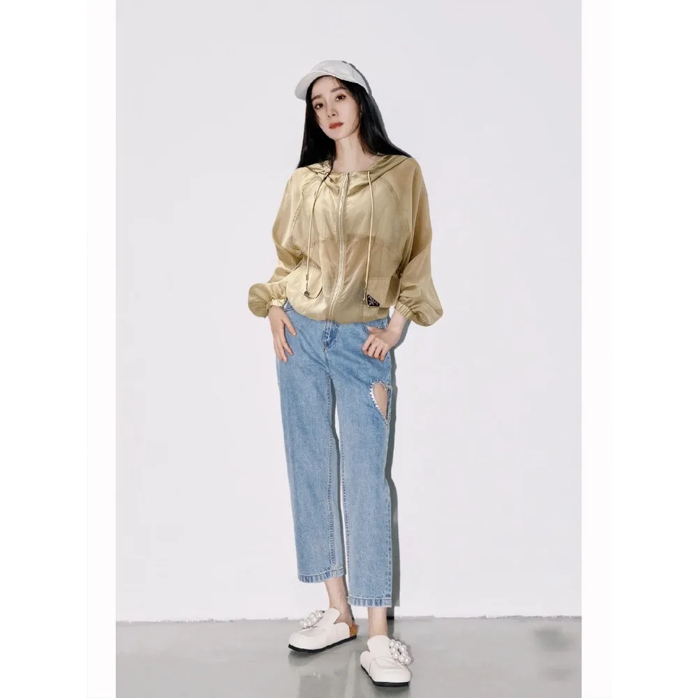 

2023 Spring Summer Hooded Silk Blend Sunwear Crafted Design Simple Women's Tops Long Sleeve Pockets Loose Slim Women Clothing