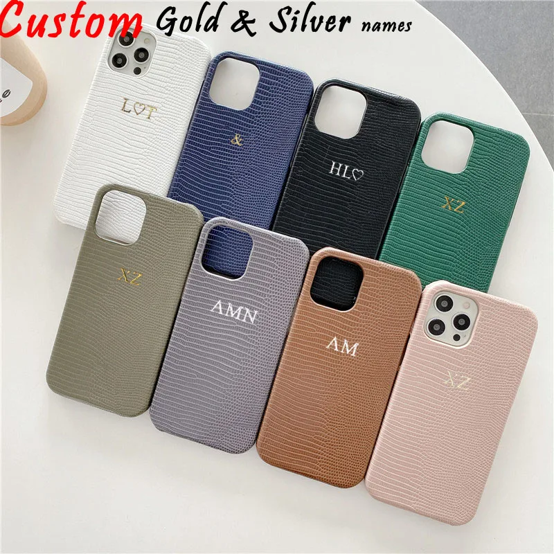 

Personalise Gold Silver Initial Letters Leather Case For Iphone 13 Pro Xs Max 12 Mini 11 X XR 7 8 Plus SE Luxury Lizard PU Cover