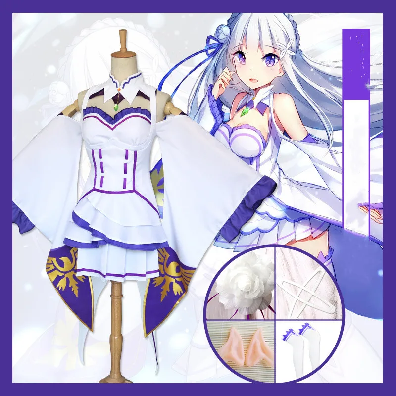 

Anime Emilia Cosplay Costume Re:Life In A Different World From Zero Halloween Party Uniform Suit Wig