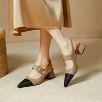 2022 summerspring women shoes genuine leather pointed toe women sandals mixed colors chunky heel shoes for women soft mid heels