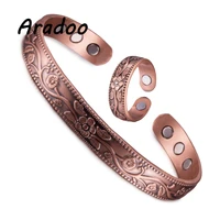 aradoo retro style magnetic red copper flower ring bracelet set 9mm opening adjustable pure copper energy health jewelry