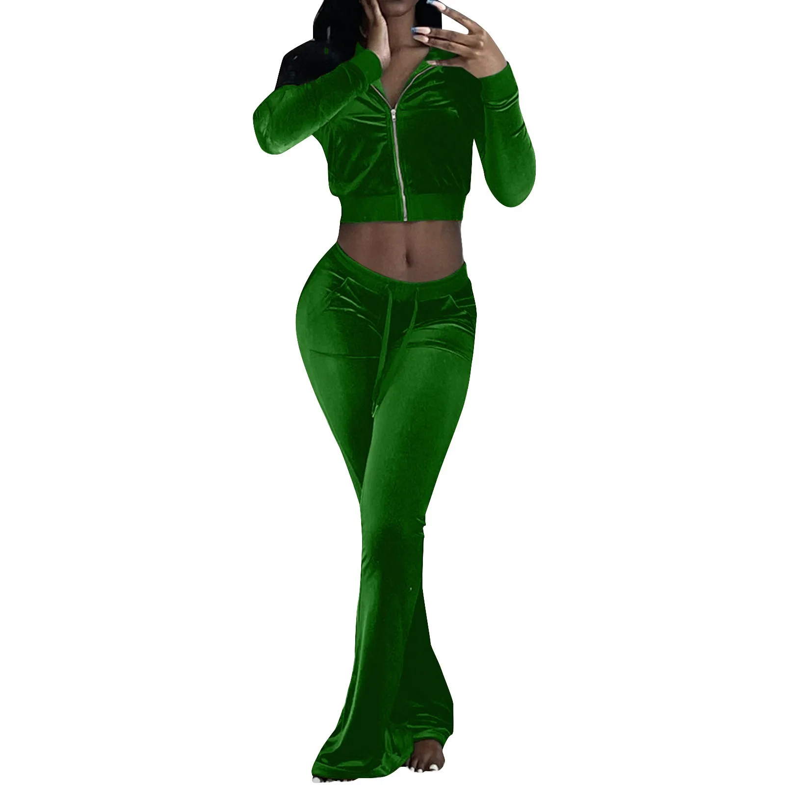 

Women's Set Long Sleeve Zipper Turn Down Collar Crop Top And Pant With Pockets Casual Solid Velvet Suit Slim Sports Suit 4