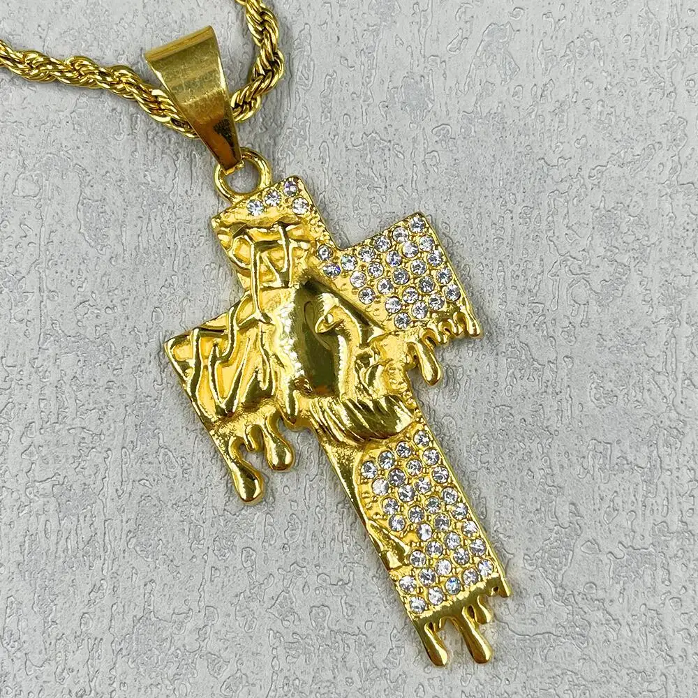 

New cross Jesus Pendant Necklace Men With rhinestone Link Chain Mens Iced Out Charm Jewelry Gold Color Chain Hip Hop Jewelry