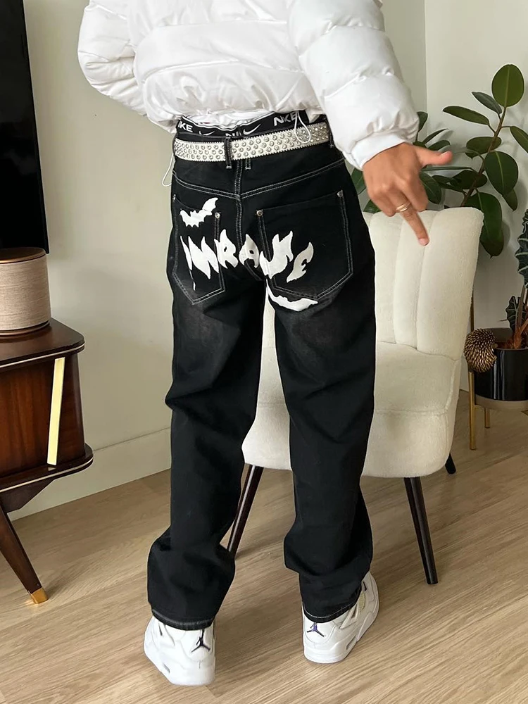 Hot Sale Printed Black Jeans For Men Y2K Fashion Graphic Painted Baggy Casual Trousers Loose Straight Leg Cotton Denim Pants New