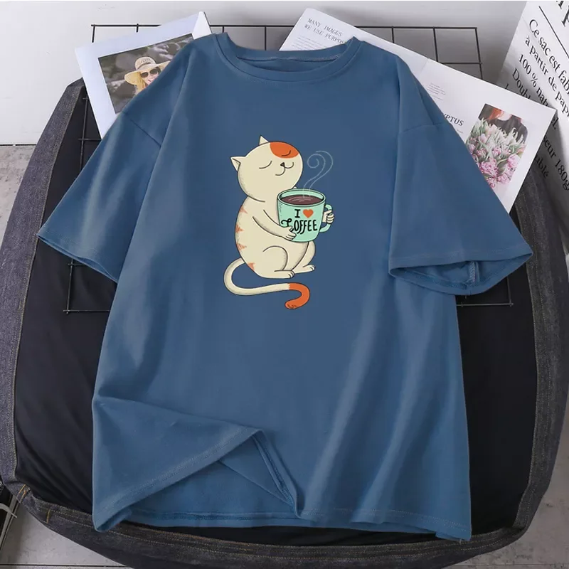 

2022NEW Love Cat Print O-neck 2021 T-shirts Woman Hip Hop Streetwear Tops Fashion High Quality Clothing Short Sleeve Tees K-pop