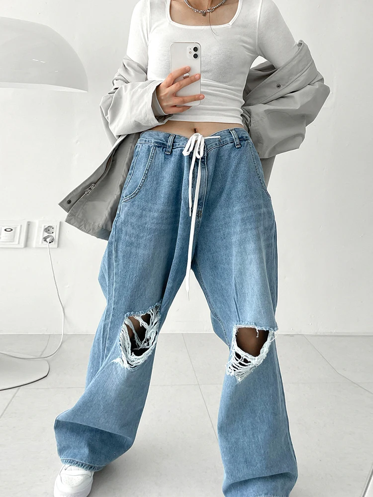 

Weekeep Vintage Ripped Jeans Streetwear Cutout Straight Low Rise Baggy Mom Jeans Y2k Aesthetic HipHop Cargo Pants Basic Trousers