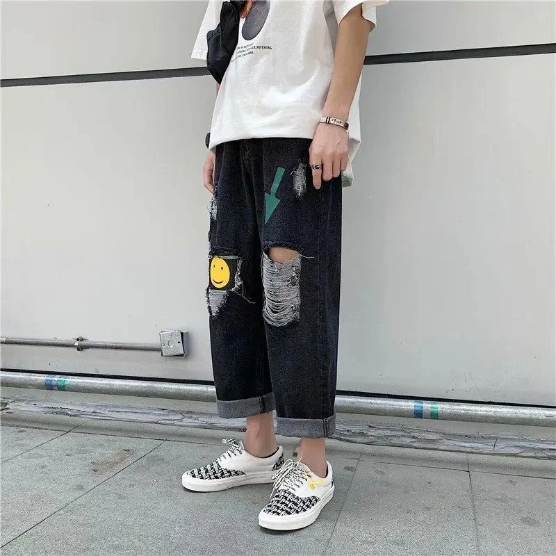 New Korean Fashion Men'S Spring/Summer Brushed Hole Loose Street Jeans Women'S Smiley Print Comfortable Casual Fashion Trousers