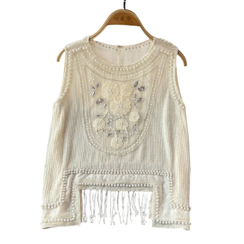 Женская свободная кофта без рукавов с круглым вырезом и бриллиантами