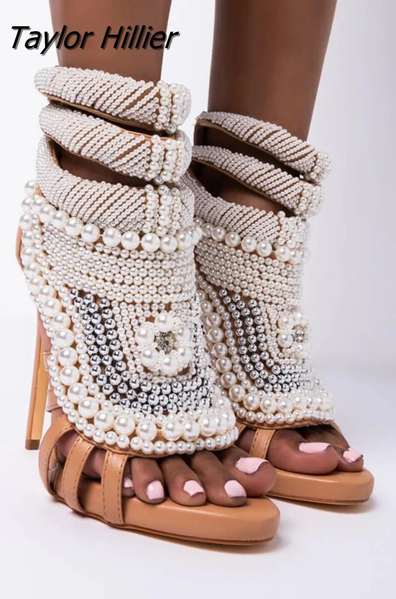 

Sexy Peep Toe Woman Sandal Pointed Summer White Pearls Beaded Ankle Strap High Heel Shoes Rome Cutouts Party Dress Shoe