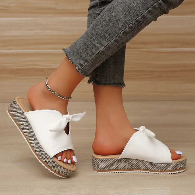 2023 Summer Bow Platform Women's Shoes Large Size European and American Women's Shoes Slippers