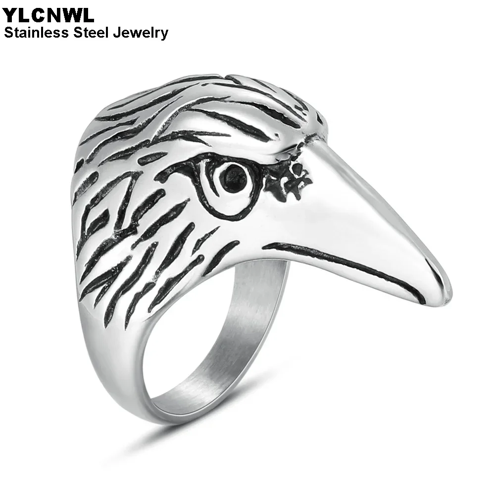 Кольца из нержавеющей стали в стиле панк с головой вороны для мужчин серебряный