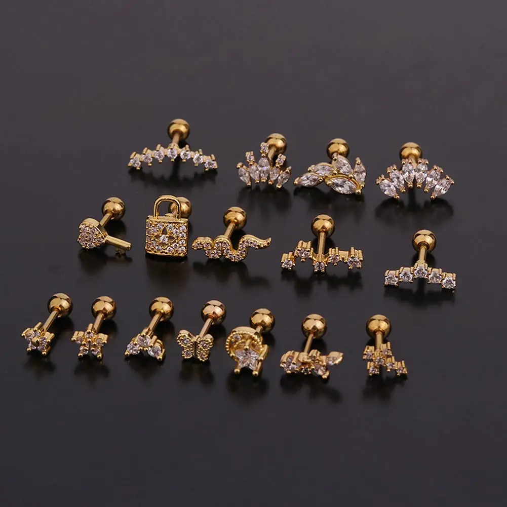 

Fashion Stainless Steel Mini Zircon Key Lock Snake Ear Piercing Stud Earrings Tragus Cartilage Earring For Women 1Pc Helix Studs