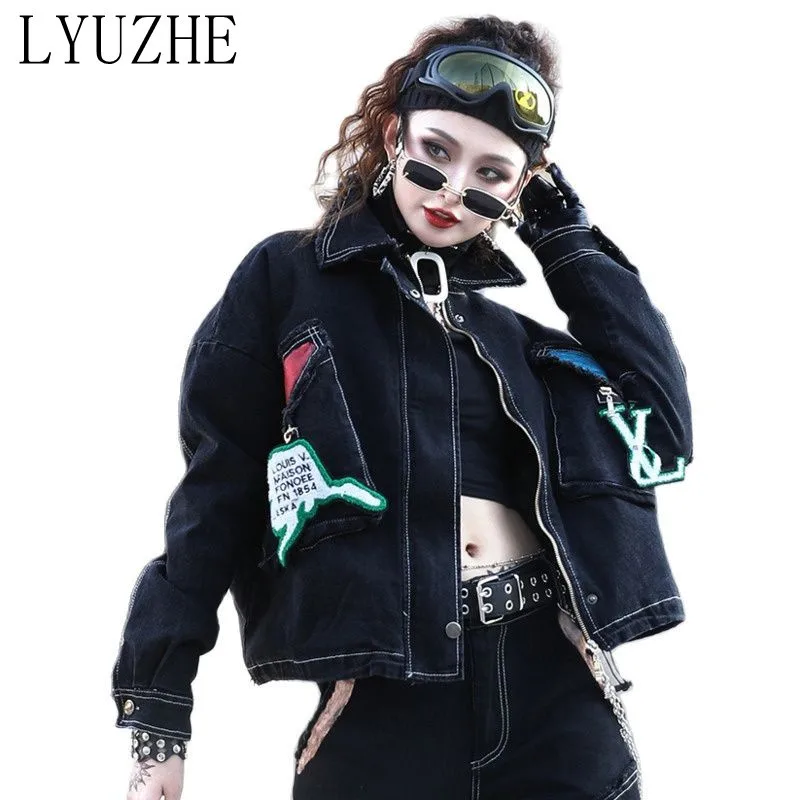 

LYUZHE Fashion Street Style Print Stitching Denim Jacket 2021 Spring New Style Denim Jacket With Cotton Lapel TT174L