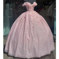 2022 pink sparkly crystal 3d flowers quinceanera dresses ball gown off the shoulder appliques sweet 16 long prom party gown