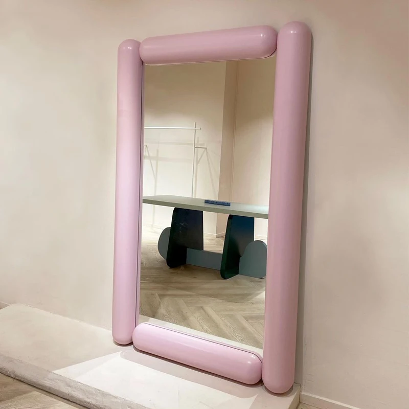 

Pink Standing Wooden Mirror Modern Design Floor Rectangular Mirrorbig Full Body Outfits Long Espejo Pared Home Decor Items