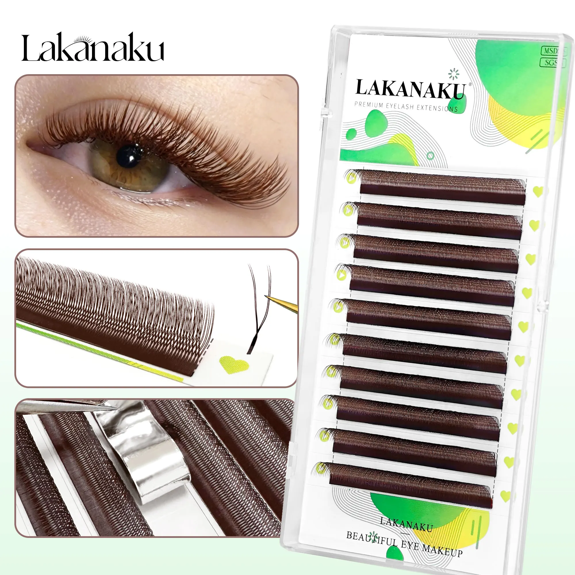 Фото Накладные ресницы LAKANAKU U-образной формы, коричневые, YY, 2D, для объемного наращивания, индивидуальные, искусственные №1