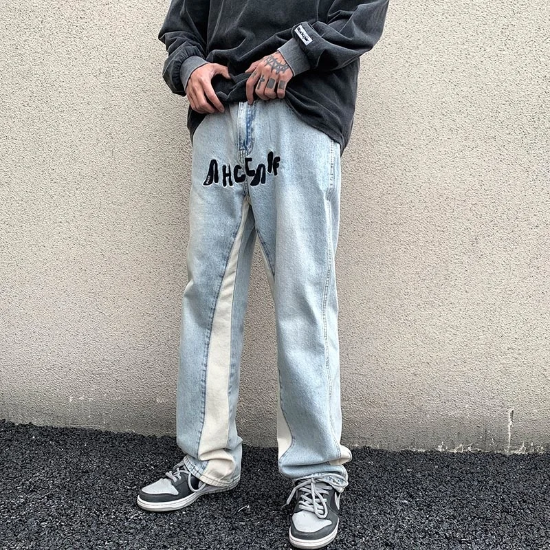 Blue Baggy Jeans Men Fashion Letter Print Casual Wide Leg Jeans Mens Streetwear Loose Hip Hop Straight Denim Pants Men M-2XL