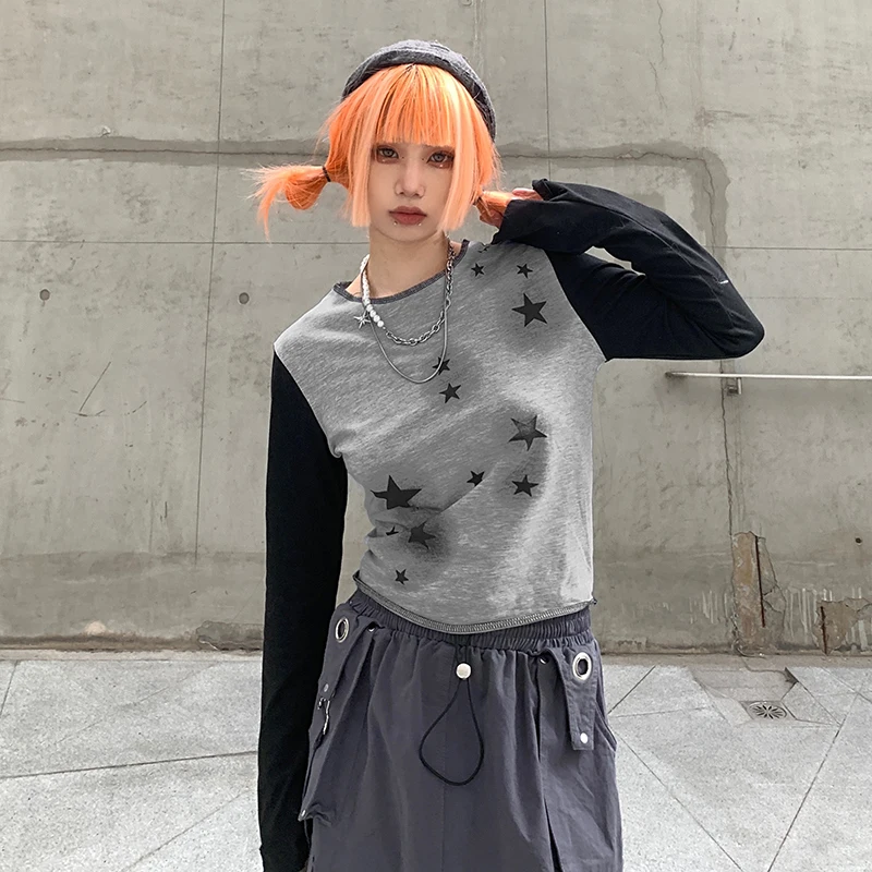

Chinkly Vintage Stars Print T-Shirt Autumn Long Sleeve Patchwork Pullover Tops Women Y2K Fairy Grunge Casual Tee Shirts Korean