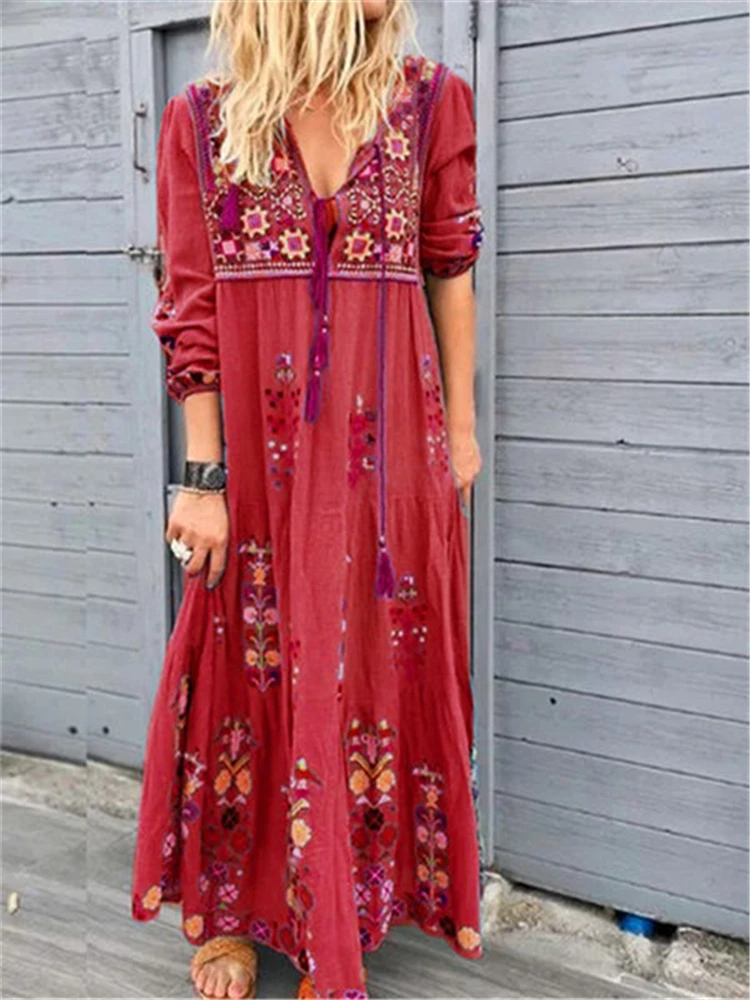 

Oversized Summer Maxi Dresses for Women V-Neck Boho Vintage Print Long Dresses Female Vestidos Loose Drawstring Robe Femme été