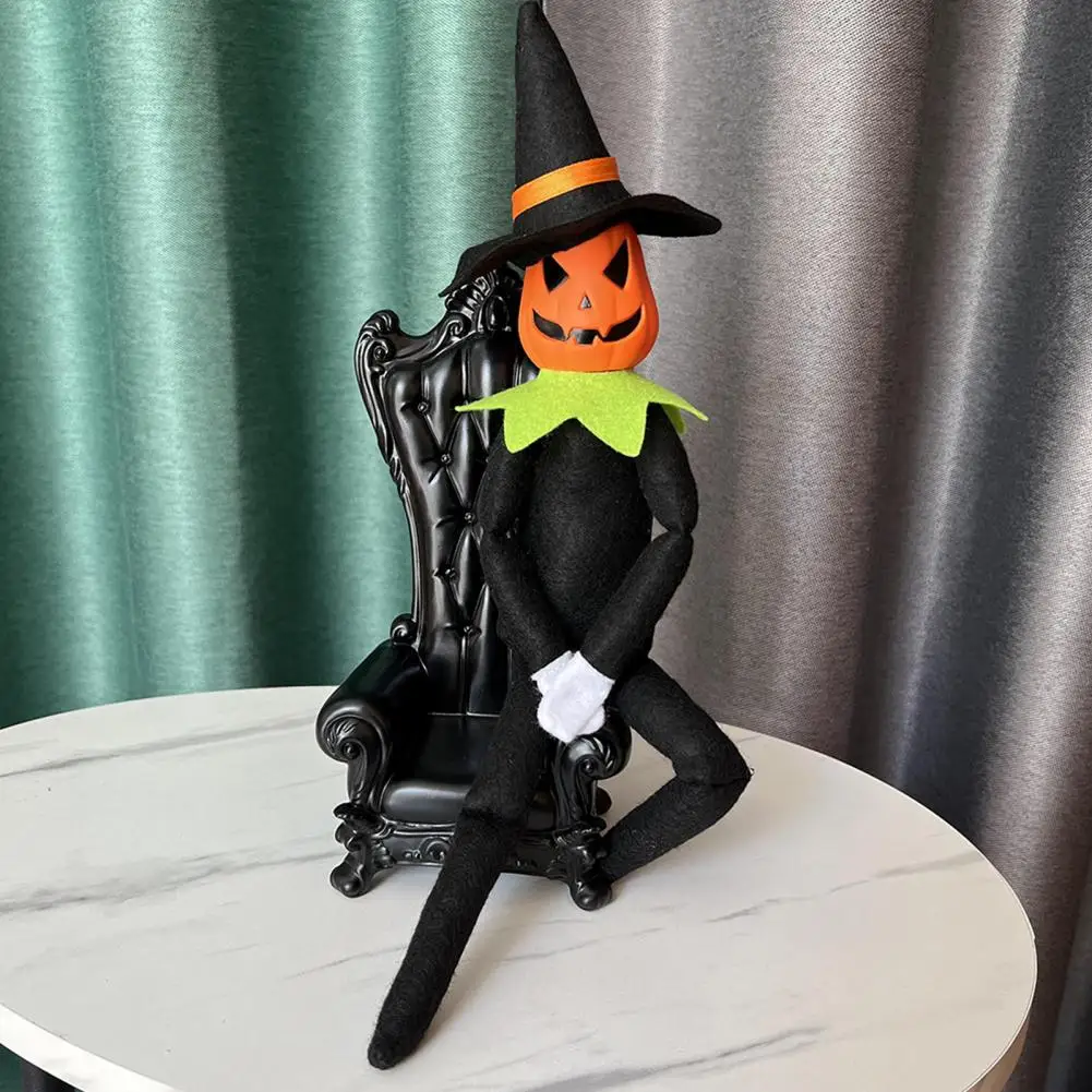

Halloween Decoration Handmade Spooky Smiling Pumpkin Doll with Witch Hat Elf Cloak Halloween Party Decoration Gift Idea