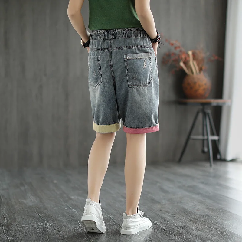 Women Summer 90s Fashion Casual Vintage Floral Embroidery High Waist Denim Shorts Ripped Female Chic Shorts Indie Style Bottoms