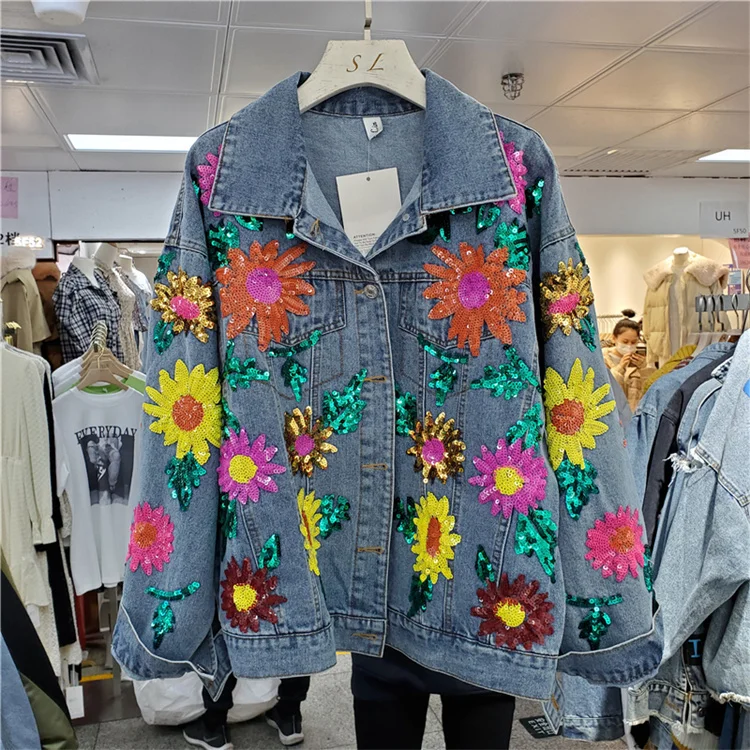 

Vintage Wash Blue Embroidery Sequins Sun Flower Denim Jacket Women Loose Short Cowboy Outerwear Korean Jeans Jacket Coat Female