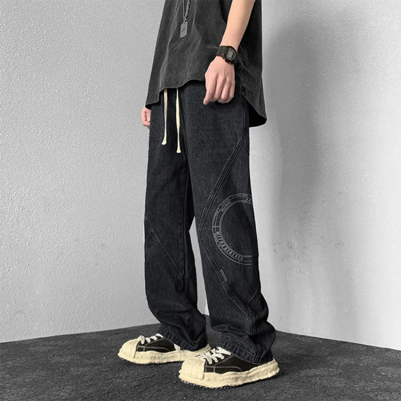 DEEPTOWN Loose Straight Jeans Men Streetwear Hip Hop Denim Pants Casual Black Blue Trousers Male Vintage Printed Korean Spring