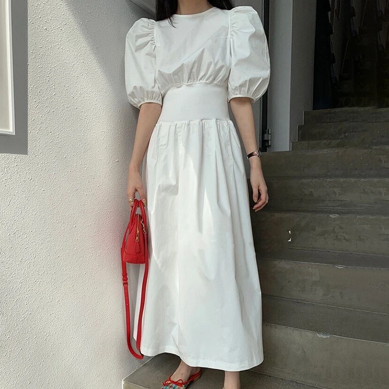 Korean Chic Elegant Women Dress 2021 Summer Cottagecore White O Neck Puff Short Sleeve High Waist Tunic Midi Dresses Vintage