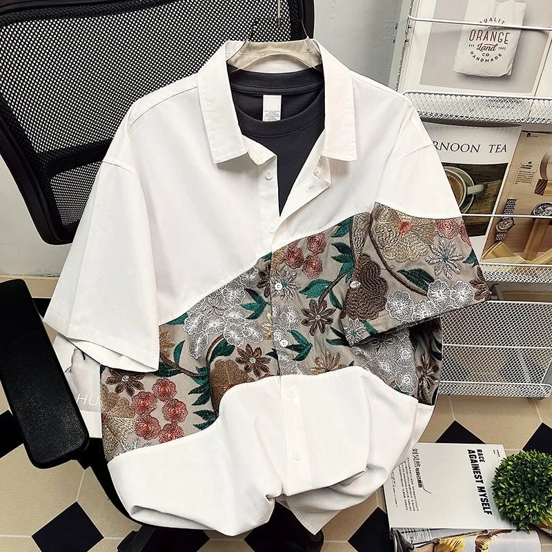 New Retro Flower Print Asymmetrical Patchwork Mens Shirts Short Sleeve Womens Tops Blouse Japan Harajuku Streetwear Loose Casual