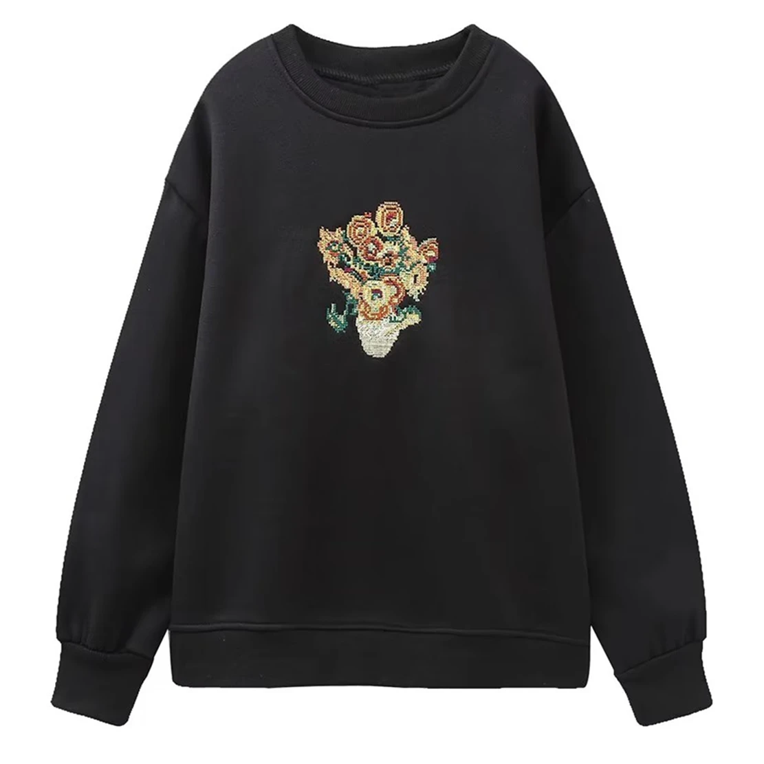 

Dave&Di O-neck Plush Pullovers Casual Vintage Sunflower Embroidery Sweatshirts Women