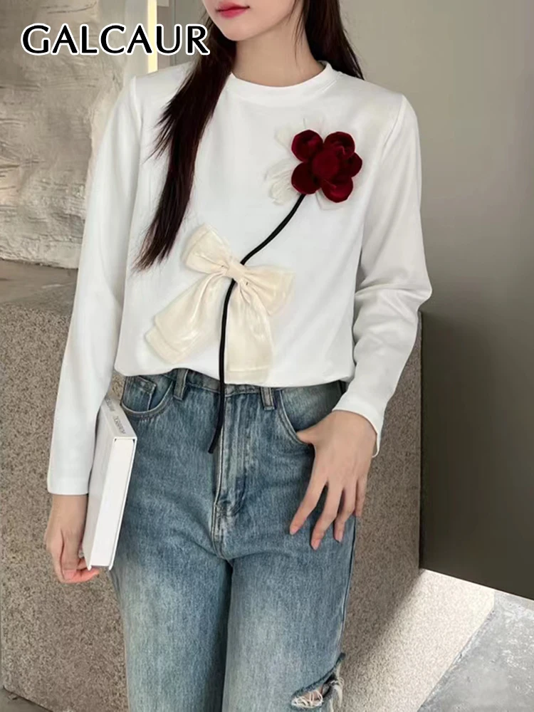 

GALCAUR Patchwork Appliques Colorblock T Shirts For Women Round Neck Long Sleeve Spliced Bow Autumn Casual Loose T Shirt Female