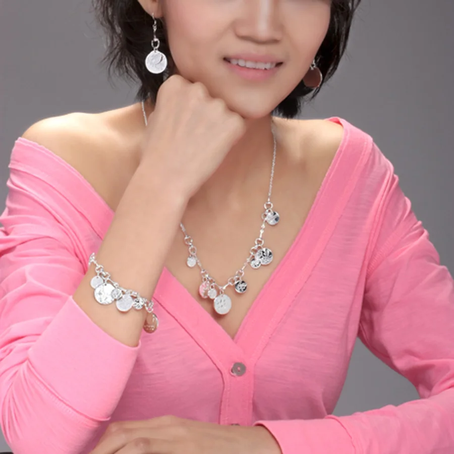 

New fashion 925 genuine silver solid circle round earrings for women jewelry personality flower Circle brand necklace lady gift