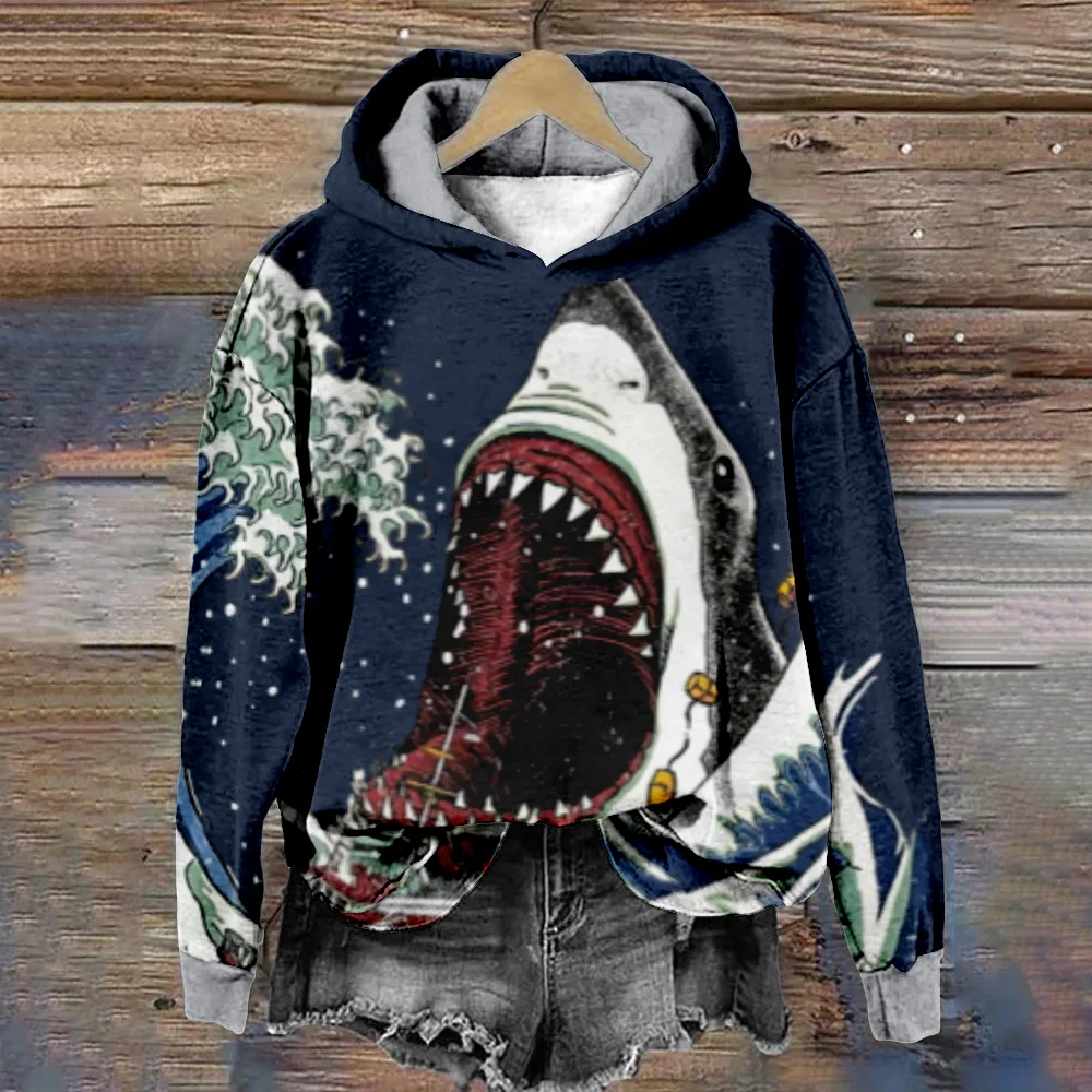 Толстовка женская с капюшоном Модный пуловер в японском стиле принтом акулы