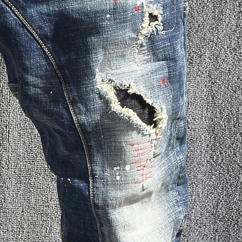 Street Fashion Designer Ripped Jeans Men Retro Blue Biker Jeans Homme Hip Hop Slim Denim Pants Men Stretch Patch Hole Trousers