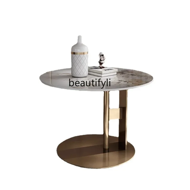 

round Stone Plate Sofa Side Table Coffee Table Movable High-Grade Household Living Room Stainless Steel Creative Corner Table