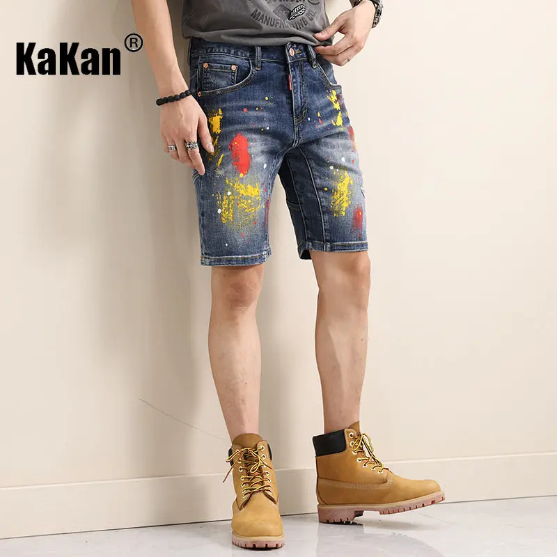 Kakan - New Painted Personalized Street Shorts Jeans for Men, American High Street Heavy Industry Jeans K018-266