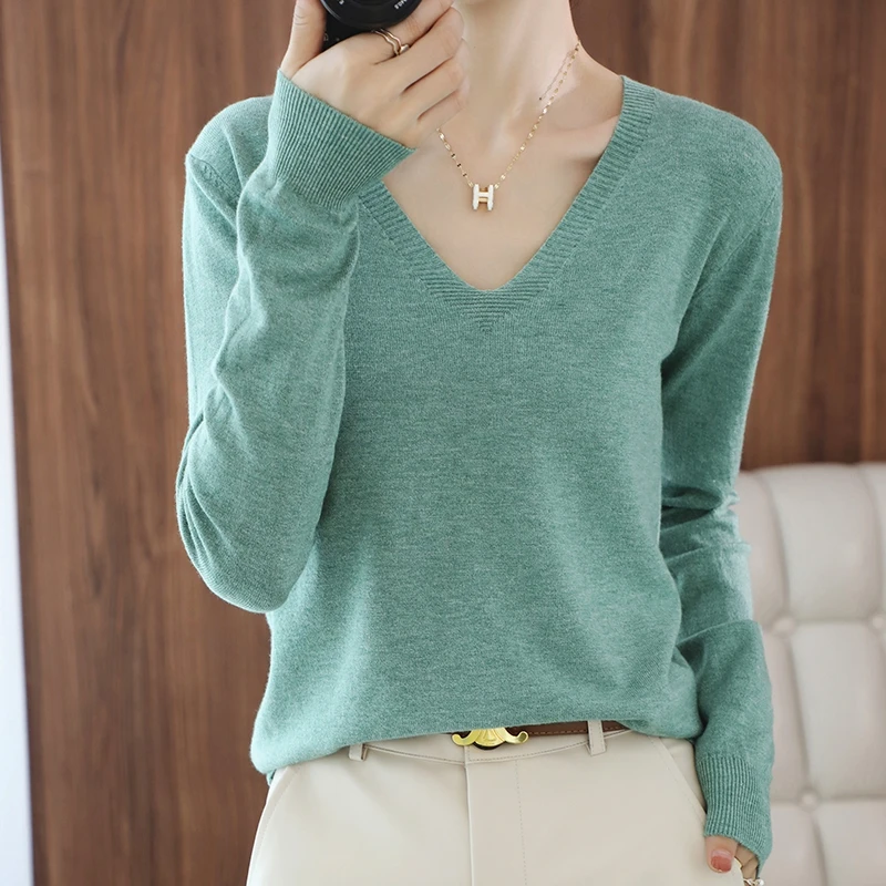 

Hot Sale Ladies Knit V-Neck Long Sleeve Sweater T-Shirt Loose Soft Solid Color Pullover Short Versatile Jacket Top multicolor
