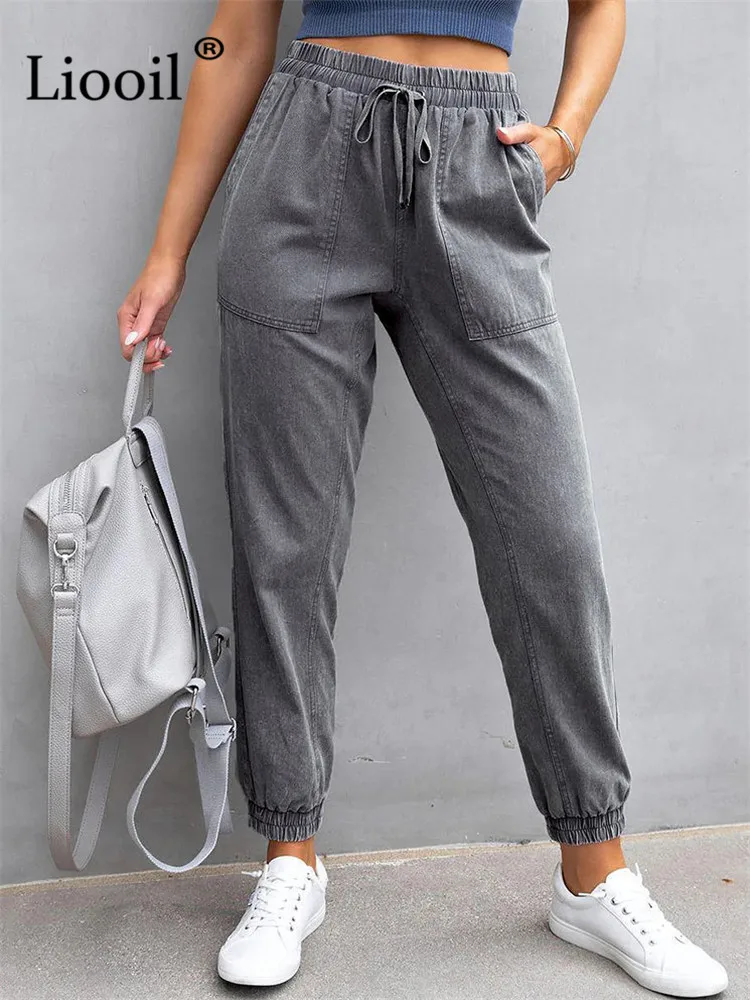 

Джинсы-карго женские, уличные, серые, эластичные, с карманами, в стиле «бойфренд»