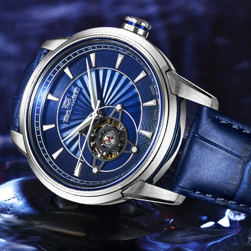 2022 Seagull Men's Watch Automatic Mechanical Watch Business Fashion Blue Waterproof Leather Hollow Flywheel Watch 1014K