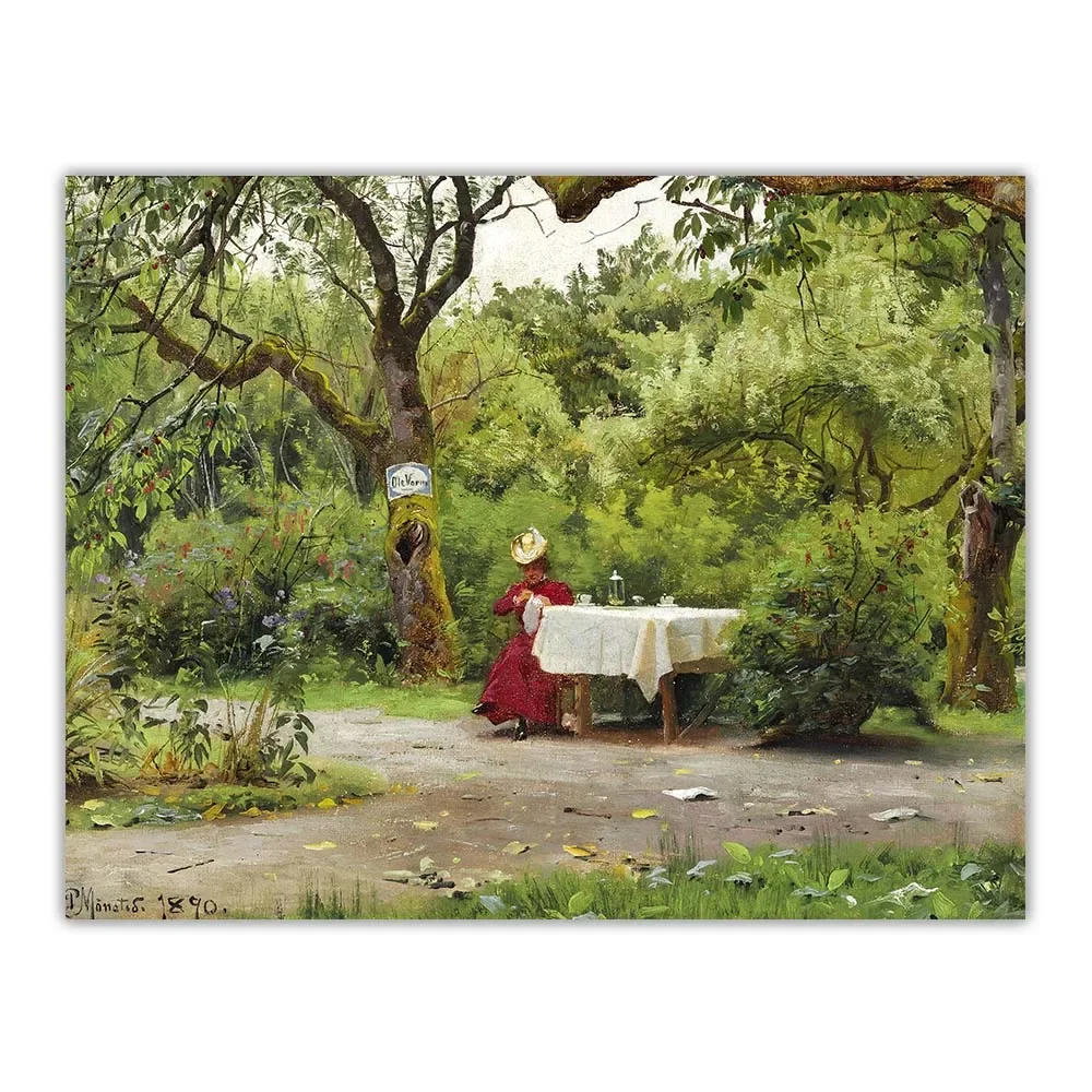 Картина маслом Peder Monsted &quotСадовая вечеринка с элегантной женщиной в красном