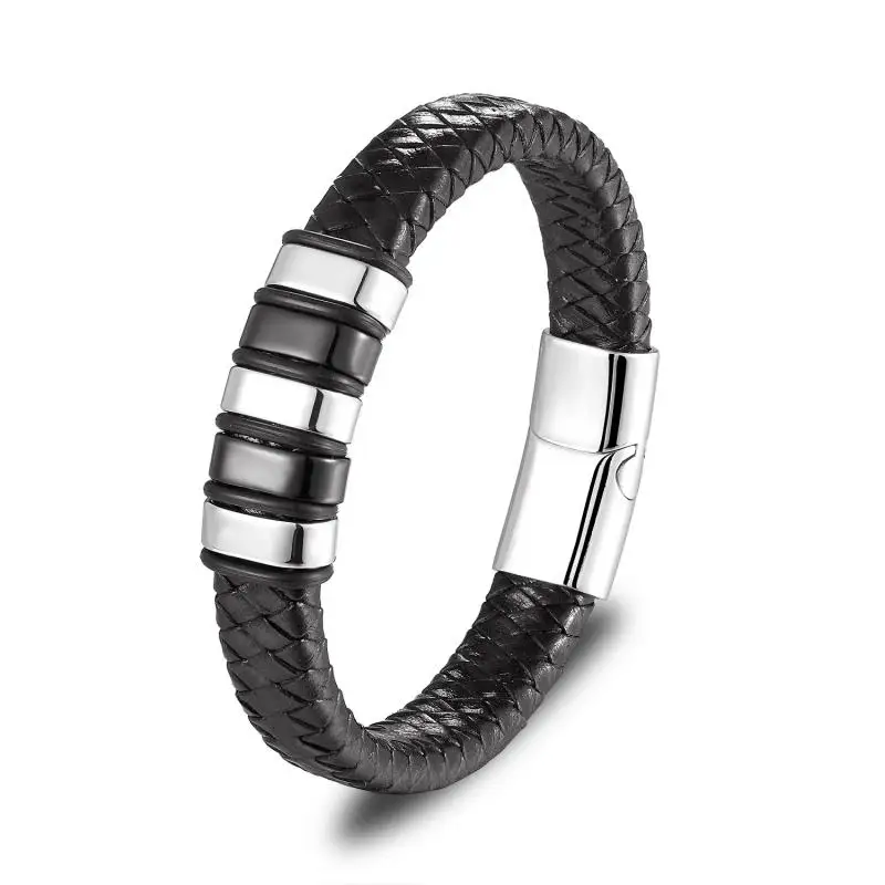 

Cool Punk Black Gold Color Metal Magnetic Button Design Genuine Leather Bracelet for Men Fashion Bangles Casual Accessories